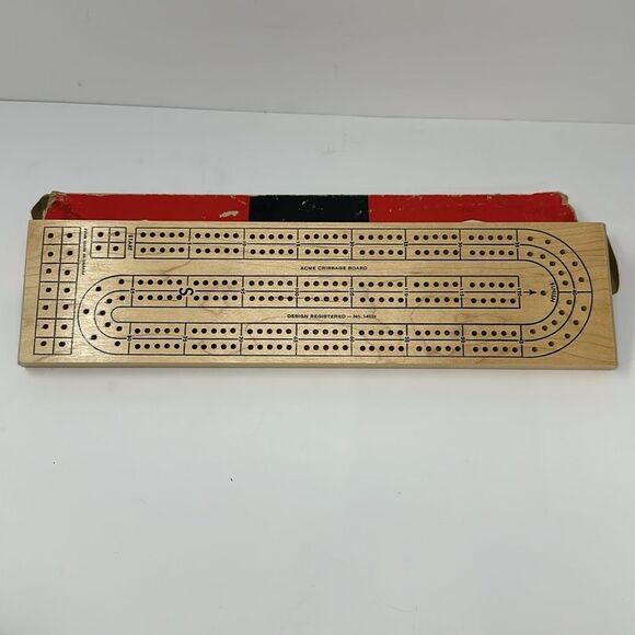 Vintage Acme Deluxe Wood Cribbage Board No X-300 2-Lane Racetrack w/box 4 Pegs - Picture 2 of 2